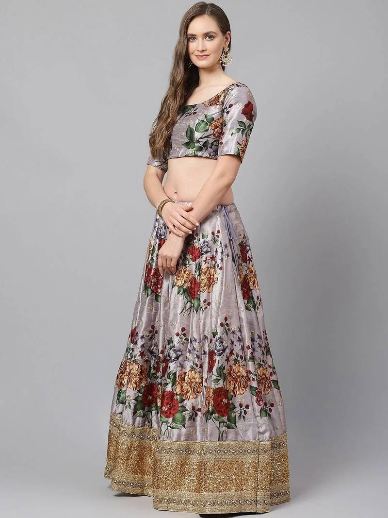 Grey & Red Printed Semi-Stitched Lehenga & Unstitched Blouse with Dupatta