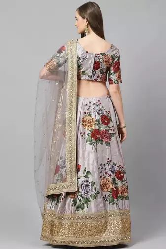 Grey & Red Printed Semi-Stitched Lehenga & Unstitched Blouse with Dupatta