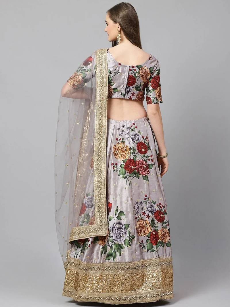 Grey & Red Printed Semi-Stitched Lehenga & Unstitched Blouse with Dupatta