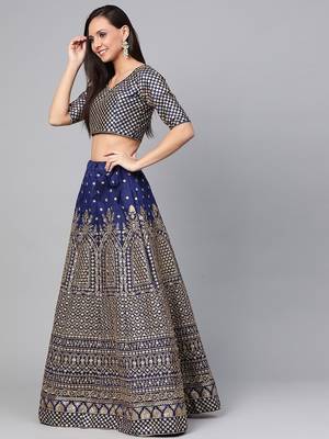Navy Blue Embroidered Semi-Stitched Myntra Lehenga & Unstitched Blouse with Dupatta 3