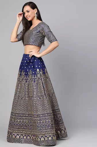 Navy Blue Embroidered Semi-Stitched Myntra Lehenga & Unstitched Blouse with Dupatta