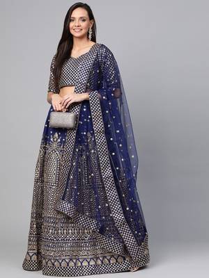Navy Blue Embroidered Semi-Stitched Myntra Lehenga & Unstitched Blouse with Dupatta 4