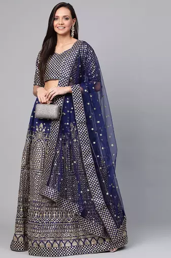 Navy Blue Embroidered Semi-Stitched Myntra Lehenga & Unstitched Blouse with Dupatta