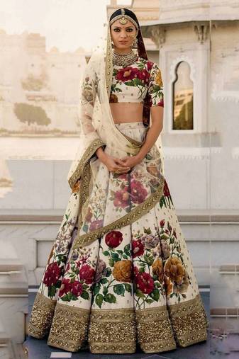 Cream Floral Digital Printed Art Silk Bridal Lehenga Choli