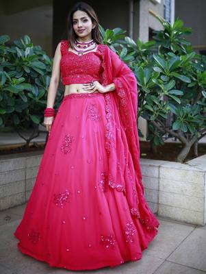 Beautiful Pink Sequins Georgette Wedding Lehenga Choli With Dupatta 1