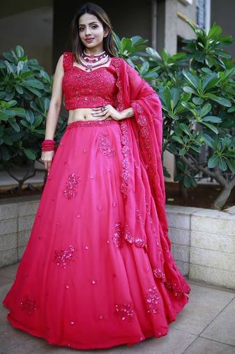 Beautiful Pink Sequins Georgette Wedding Lehenga Choli With Dupatta