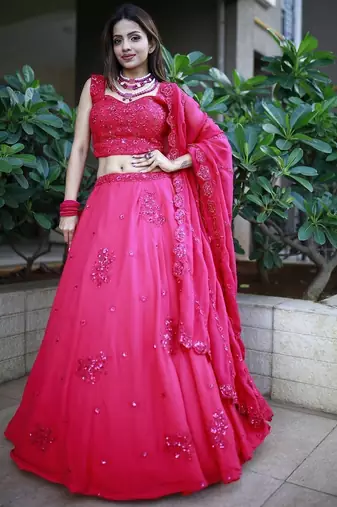 Beautiful Pink Sequins Georgette Wedding Lehenga Choli With Dupatta