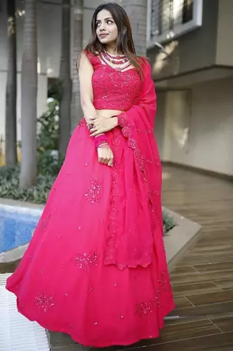 Beautiful Pink Sequins Georgette Wedding Lehenga Choli With Dupatta