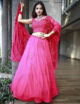 Beautiful Pink Sequins Georgette Wedding Lehenga Choli With Dupatta 4
