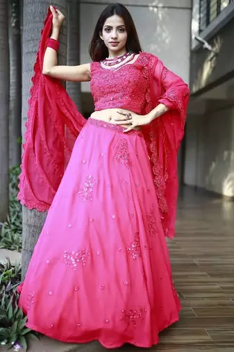 Beautiful Pink Sequins Georgette Wedding Lehenga Choli With Dupatta