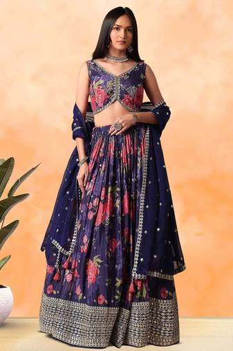 Purple Floral Printed Chinon Lehenga Choli With Dupatta
