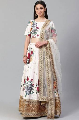 Off-White & Red Printed Semi-Stitched Lehenga & Unstitched Blouse with Dupatta