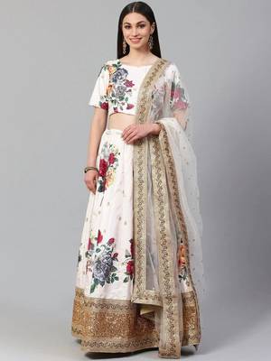 Off-White & Red Printed Semi-Stitched Lehenga & Unstitched Blouse with Dupatta 1
