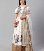 Off-White & Red Printed Semi-Stitched Lehenga & Unstitched Blouse with Dupatta