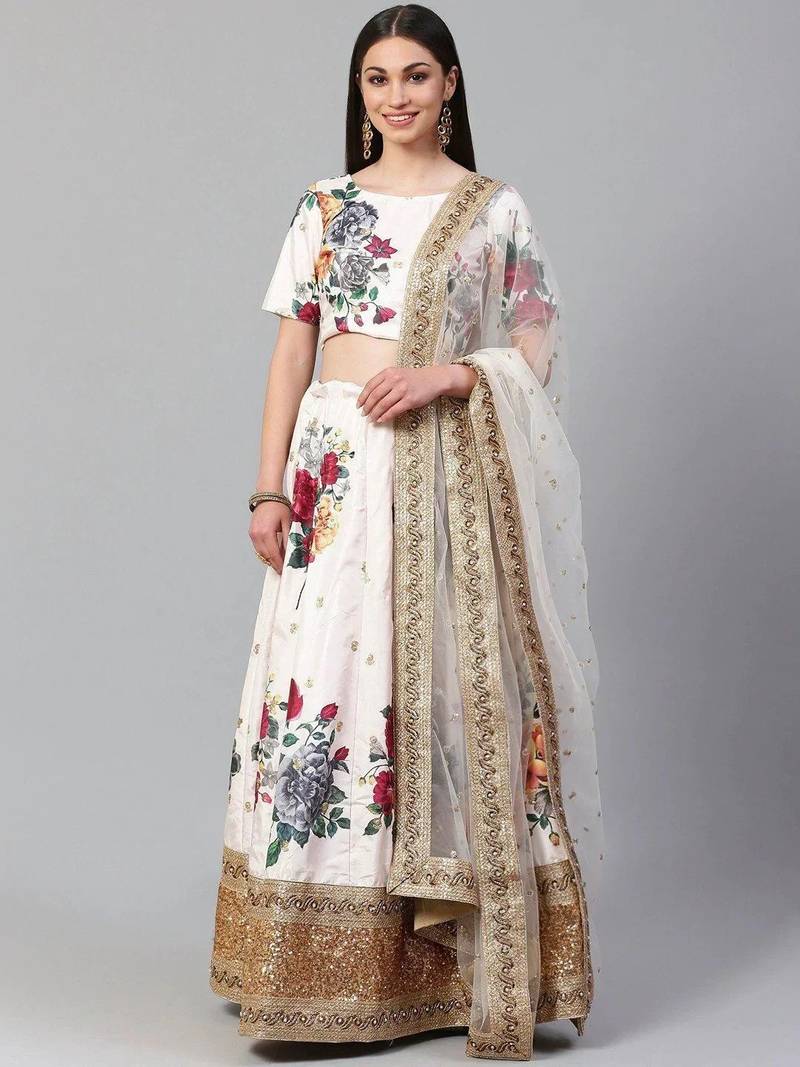 Off-White & Red Printed Semi-Stitched Lehenga & Unstitched Blouse with Dupatta
