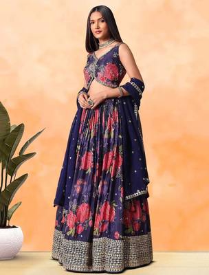 Purple Floral Printed Chinon Lehenga Choli With Dupatta 2