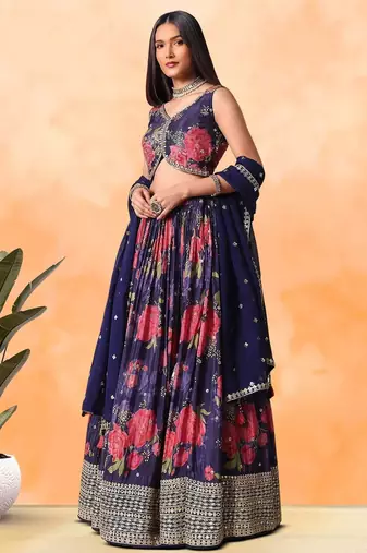 Purple Floral Printed Chinon Lehenga Choli With Dupatta