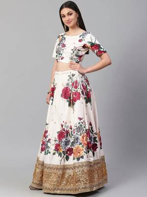 Off-White & Red Printed Semi-Stitched Lehenga & Unstitched Blouse with Dupatta 2