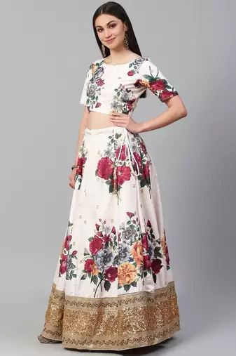 Off-White & Red Printed Semi-Stitched Lehenga & Unstitched Blouse with Dupatta