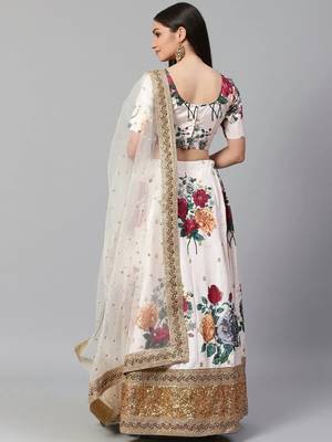 Off-White & Red Printed Semi-Stitched Lehenga & Unstitched Blouse with Dupatta 3