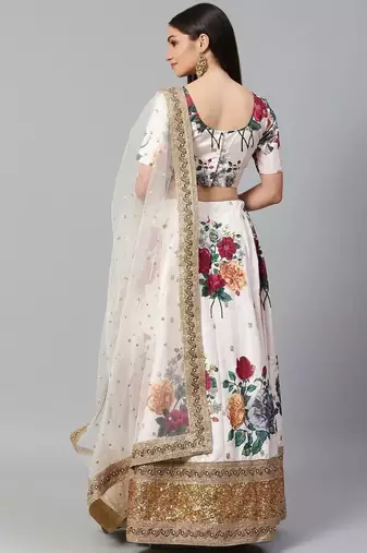 Off-White & Red Printed Semi-Stitched Lehenga & Unstitched Blouse with Dupatta