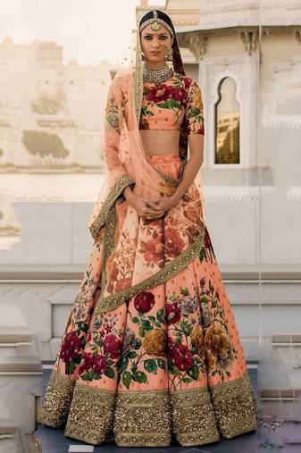 Peach Floral Digital Printed Art Silk Bridal Lehenga Choli