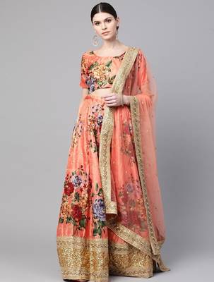 Peach-Coloured & Pink Printed Semi-Stitched Lehenga & Unstitched Blouse with Dupatta 1
