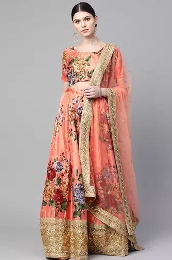 Peach-Coloured & Pink Printed Semi-Stitched Lehenga & Unstitched Blouse with Dupatta