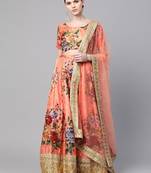 Peach-Coloured & Pink Printed Semi-Stitched Lehenga & Unstitched Blouse with Dupatta