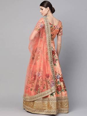 Peach-Coloured & Pink Printed Semi-Stitched Lehenga & Unstitched Blouse with Dupatta 2