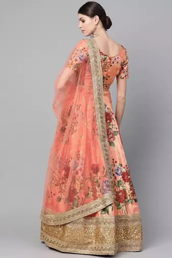 Peach-Coloured & Pink Printed Semi-Stitched Lehenga & Unstitched Blouse with Dupatta
