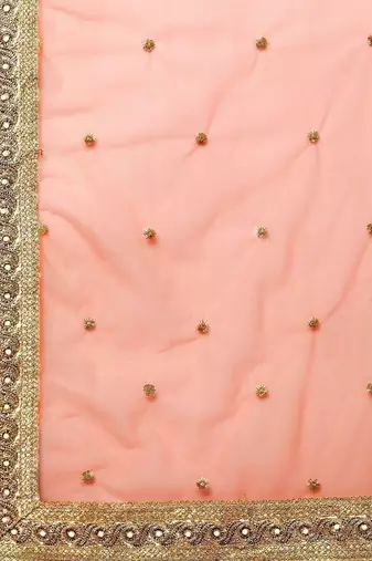 Peach-Coloured & Pink Printed Semi-Stitched Lehenga & Unstitched Blouse with Dupatta