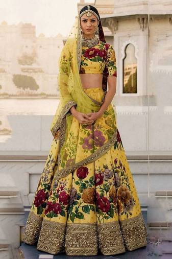 Yellow Floral Digital Printed Art Silk Bridal Lehenga Choli