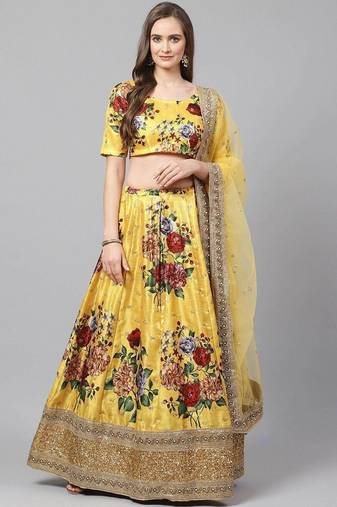 Yellow & Burgundy Printed Semi-Stitched Lehenga & Unstitched Blouse with Dupatta