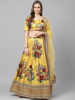Yellow & Burgundy Printed Semi-Stitched Lehenga & Unstitched Blouse with Dupatta 1