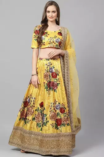 Yellow & Burgundy Printed Semi-Stitched Lehenga & Unstitched Blouse with Dupatta