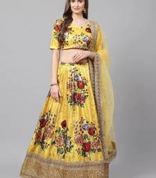 Yellow & Burgundy Printed Semi-Stitched Lehenga & Unstitched Blouse with Dupatta