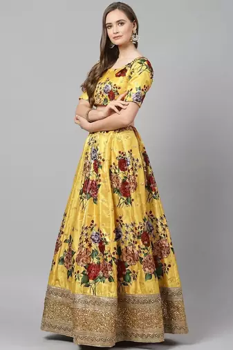 Yellow & Burgundy Printed Semi-Stitched Lehenga & Unstitched Blouse with Dupatta