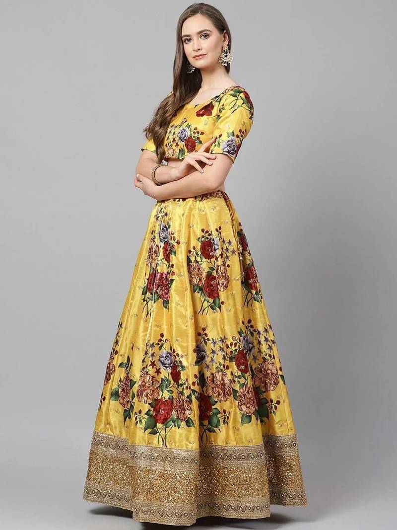 Yellow & Burgundy Printed Semi-Stitched Lehenga & Unstitched Blouse with Dupatta