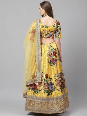 Yellow & Burgundy Printed Semi-Stitched Lehenga & Unstitched Blouse with Dupatta 3
