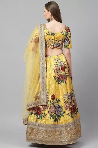 Yellow & Burgundy Printed Semi-Stitched Lehenga & Unstitched Blouse with Dupatta