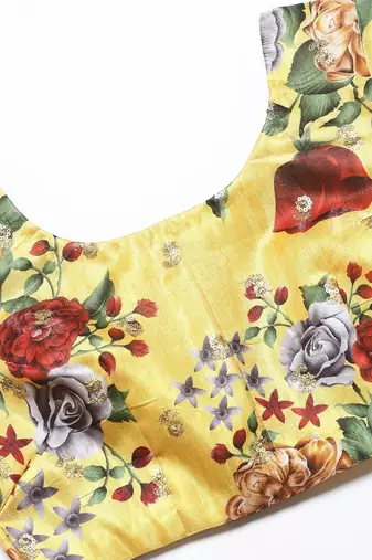 Yellow & Burgundy Printed Semi-Stitched Lehenga & Unstitched Blouse with Dupatta