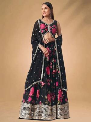Black Chinon Floral Printed Lehenga Choli 1