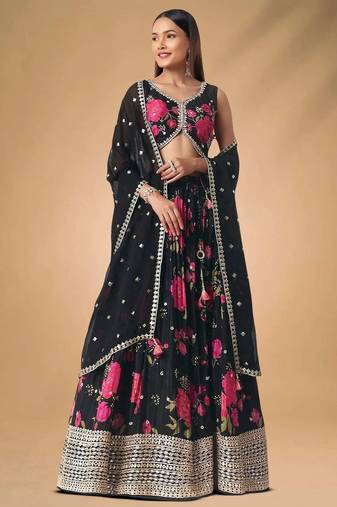 Black Chinon Floral Printed Lehenga Choli