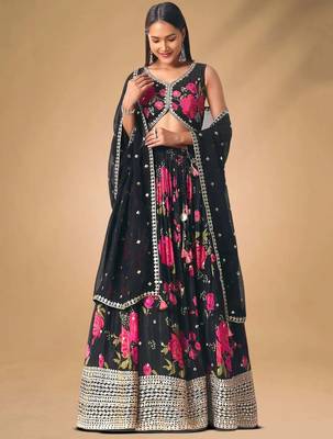 Black Chinon Floral Printed Lehenga Choli 2
