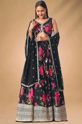 Black Chinon Floral Printed Lehenga Choli