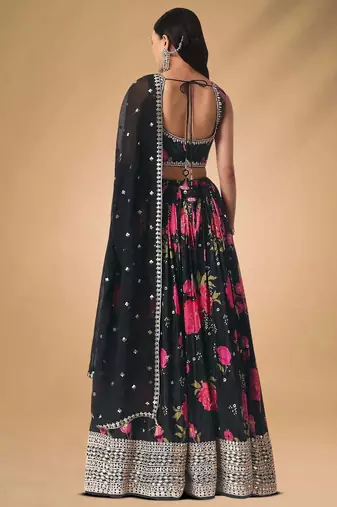 Black Chinon Floral Printed Lehenga Choli