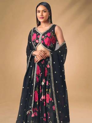 Black Chinon Floral Printed Lehenga Choli 4