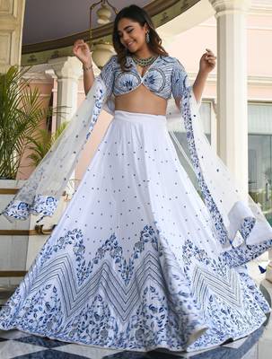 Fantastic White Thread Work Satin Sangeet Wear Lehenga Choli 1