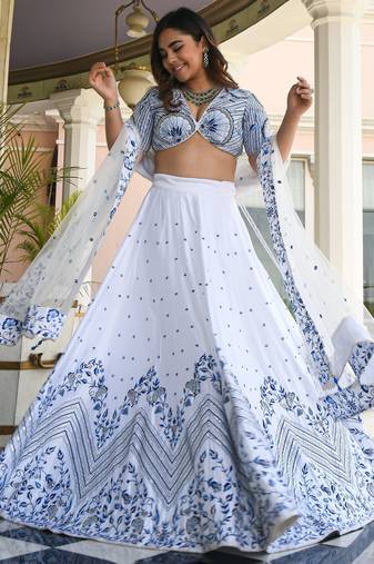 Fantastic White Thread Work Satin Sangeet Wear Lehenga Choli